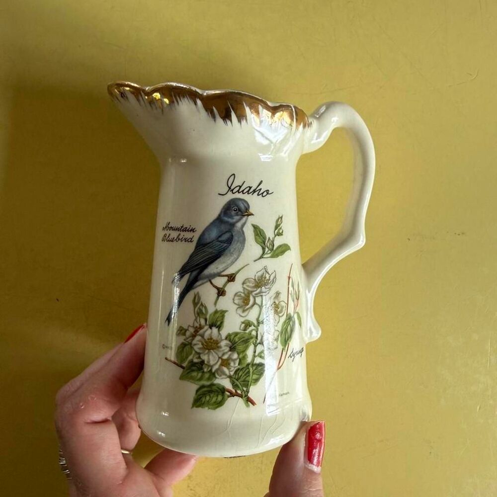 Vintage Idaho Souvenir Pitcher - Mountain Bluebird and Syringa
